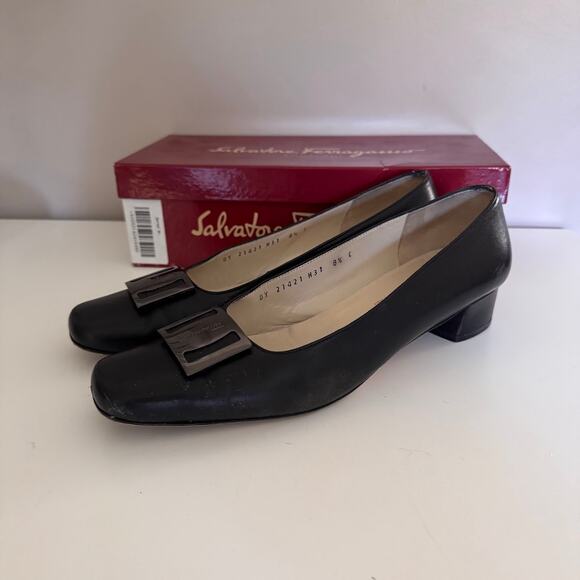 Salvatore Ferragamo Black Leather Nero Nappa Kid Pump Block Heels Italy 8.5 - Picture 12 of 12